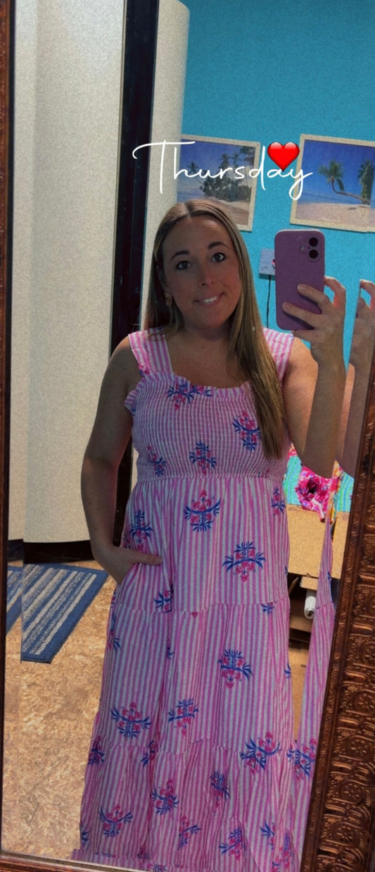 Pink/royal floral stripe midi