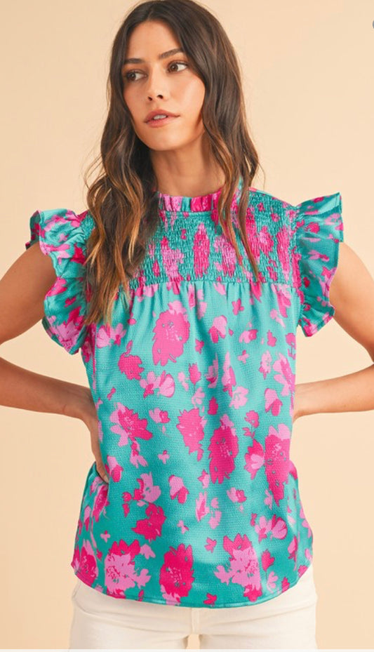 Turquoise/pink print top