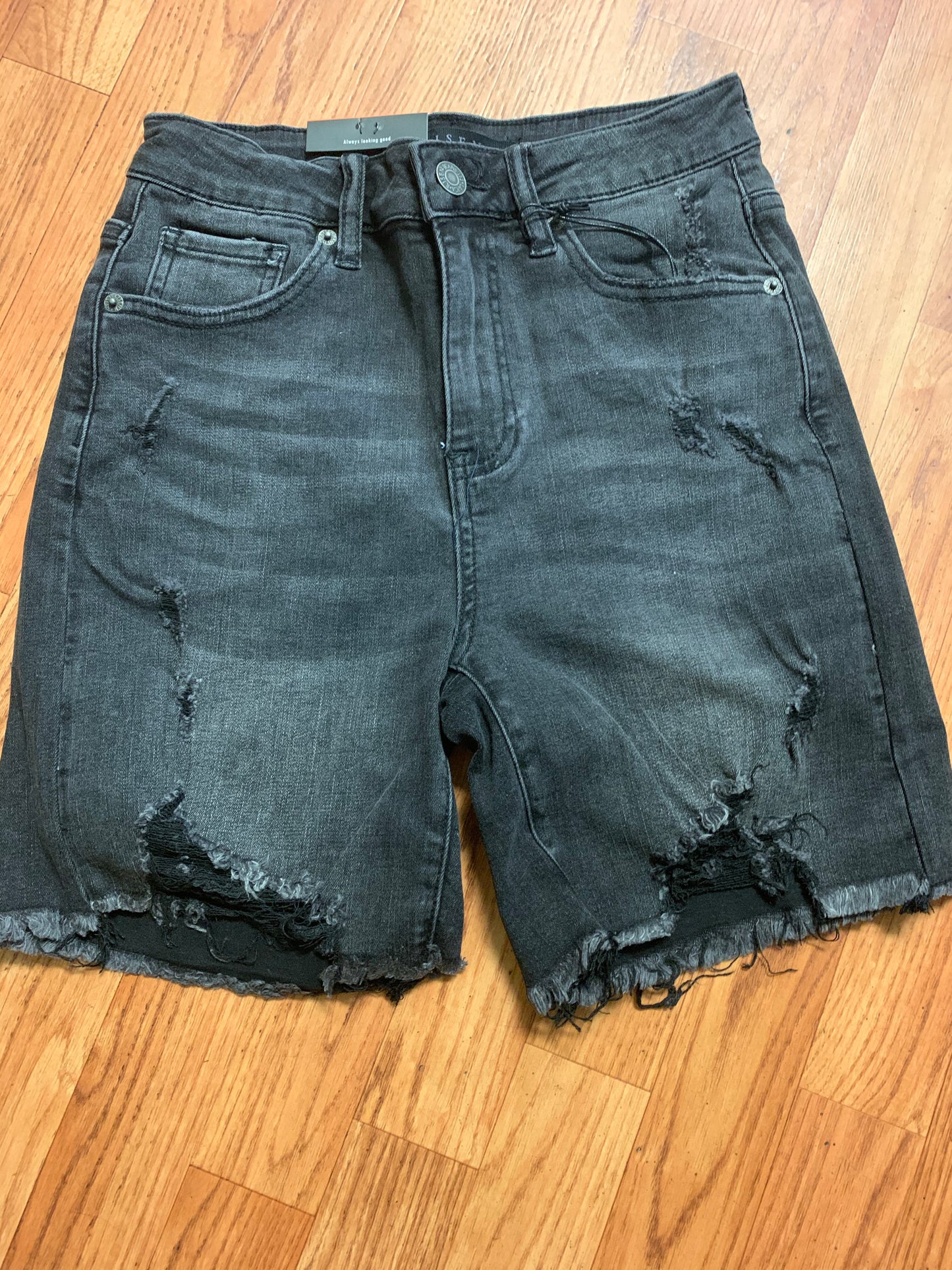 Black wash distress midi shorts